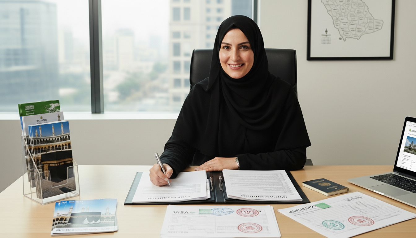 Consultante Omra Hajj à son bureau avec documents visa